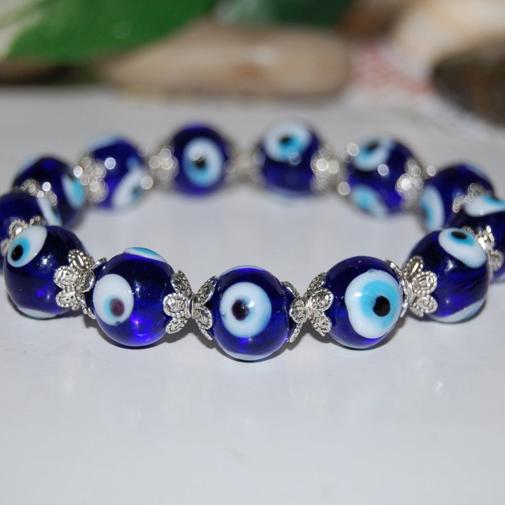 Evil Eye Bracelet,10mm Blue Glass Evil Eye Beads,Good Luck Bracelet,Hamsa